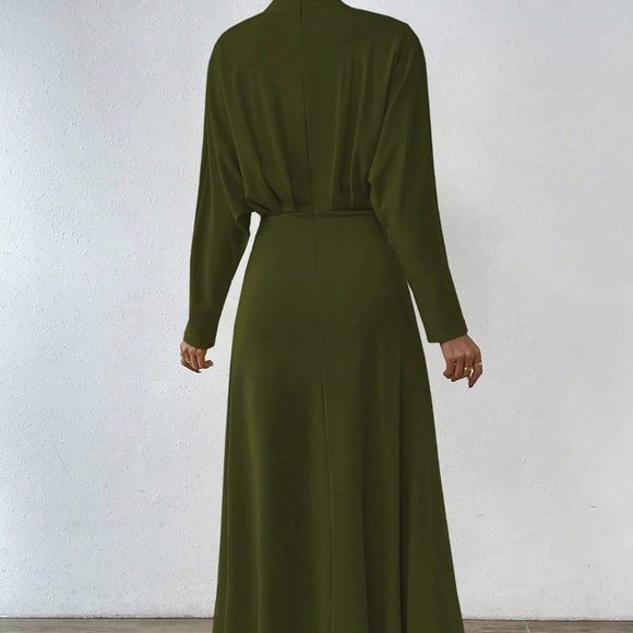 Green Preppy Womens Solid Ruched Front Ruched Waist A-line Dress - Picture 2 of 5